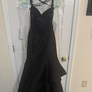 CAMILLE LA VIE Black Beaded Mermaid Style Lace-Up Strapped Evening Gown